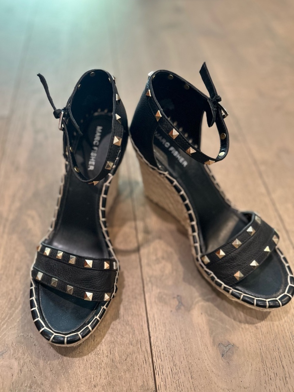 Marc Fisher Black Studded Espadrille Wedge Sandals Unworn - Perfect Condition